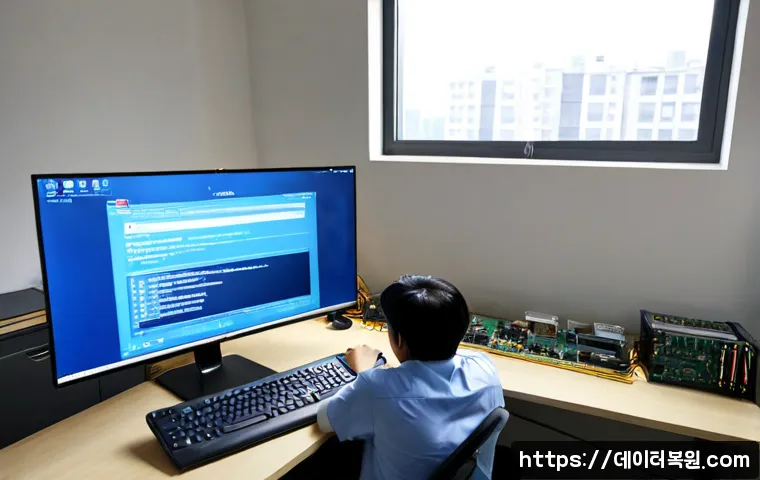 내유동 ACPI_BIOS_ERROR - Photorealistic IT support workstation in a compact Korean office, a desktop monitor showing a blank ...