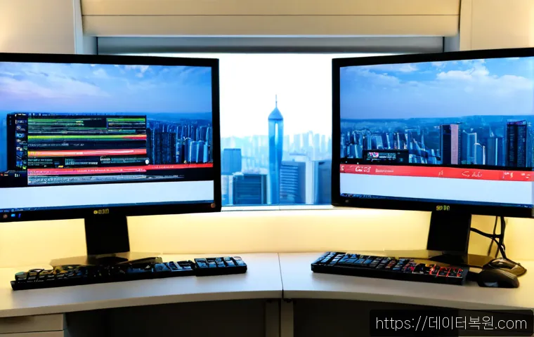 태평로 STATUS_DISK_FULL - Photorealistic IT support workstation in a modern Taepyeong-ro office tower, dual monitors showing a...