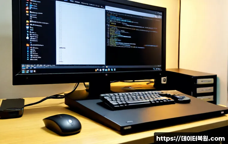 삼전동 IO_DEVICE_ERROR - Photorealistic compact workstation in a Samjeon-dong apartment office, desktop PC with external stor...
