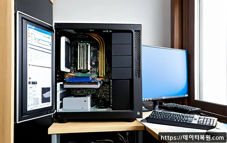 휘경동 컴퓨터 desktop 출장방문수리점 - Photorealistic desktop computer on-site repair in a compact Huigyeong-dong apartment workspace, tech...