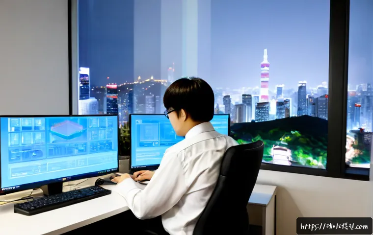 도렴동 VIDEO_MEMORY_MANAGEMENT_INTERNAL - Photorealistic IT support specialist in a modern Gwanghwamun-area office, studying a dual-monitor wo...