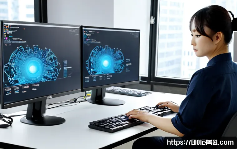용답동 STATUS_FLOAT_INEXACT_RESULT - Photorealistic IT support workstation in a compact Yongdap-dong office, dual monitors displaying an ...