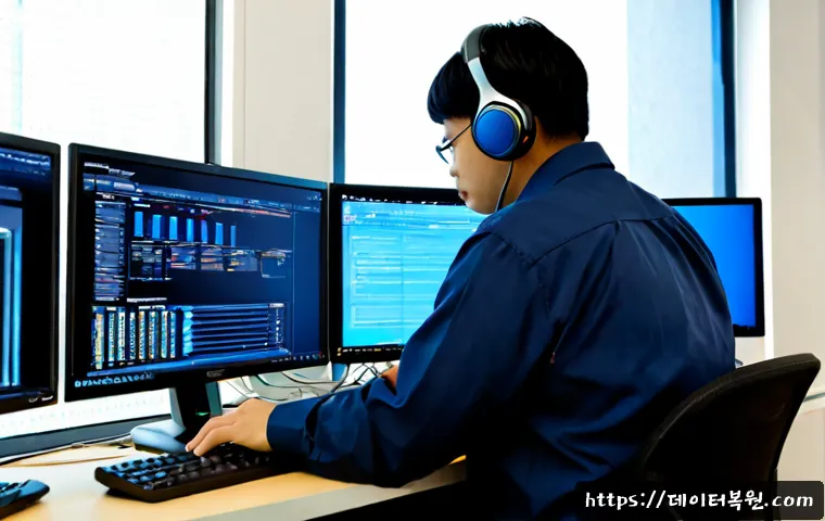 회기동 STATUS_PROTECTION_ERROR - Photorealistic IT support workstation in a compact university-neighborhood office, dual monitors sho...