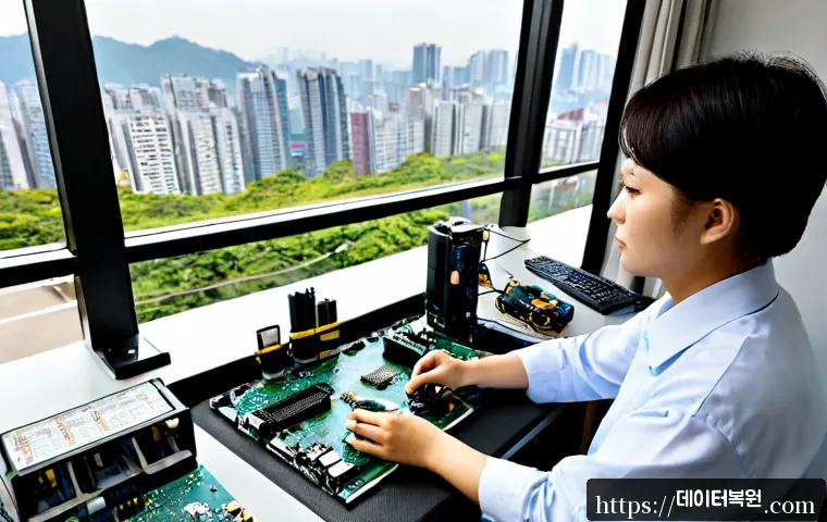 용산구 메모리조립 및 교체수리 - Photorealistic electronics repair workstation in Yongsan, Seoul, technician carefully installing new...