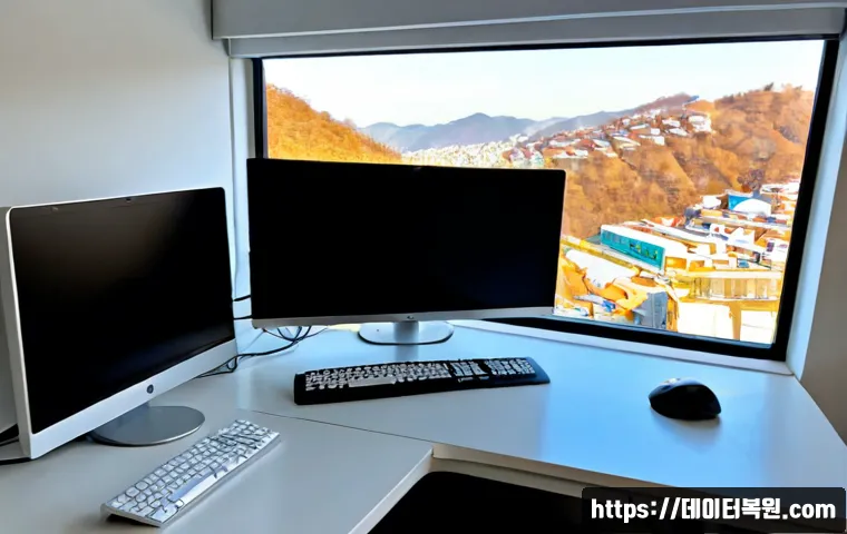 만리동 컴퓨터멈춤 - Photorealistic IT support workstation in a compact Mangni-dong apartment office, dual monitors froze...