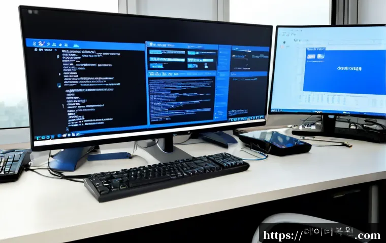 광명동 NTFS_FILE_SYSTEM - Photorealistic IT support workstation in a modern Gwangmyeong apartment office, dual monitors showin...