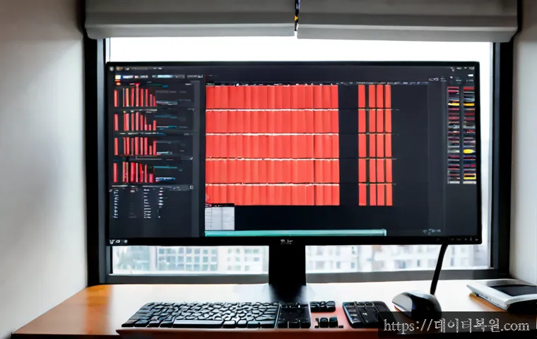 도선동 STATUS_DISK_FULL - Photorealistic compact IT support workstation in Doseon-dong, Seoul, dual monitors showing a nearly ...