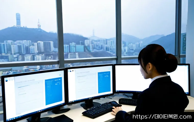 서린동 STATUS_IO_TIMEOUT - Photorealistic remote-support workstation in Seorin-dong, central Seoul office tower, anxious IT spe...