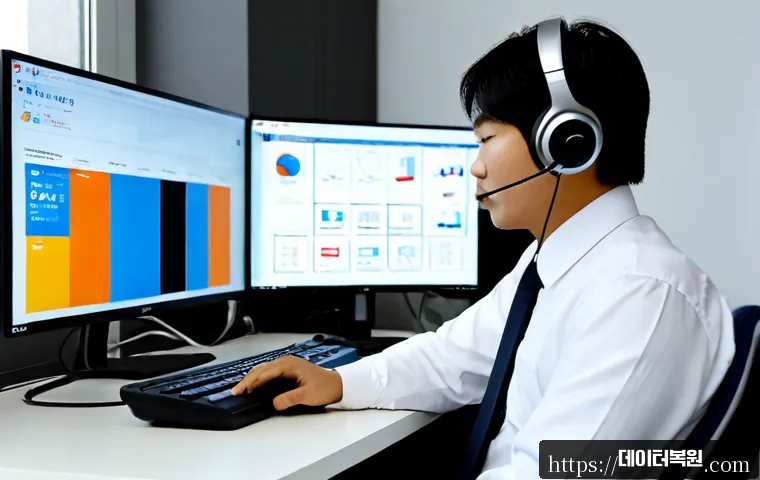 대흥동 STATUS_IMAGE_INVALID - Photorealistic remote-support workstation in a compact Daehung-dong office, dual monitors showing un...