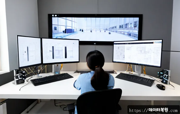연건동 컴퓨터멈춤 - Photorealistic architectural design workstation in Yeongeon-dong, Seoul, dual monitors frozen on an ...