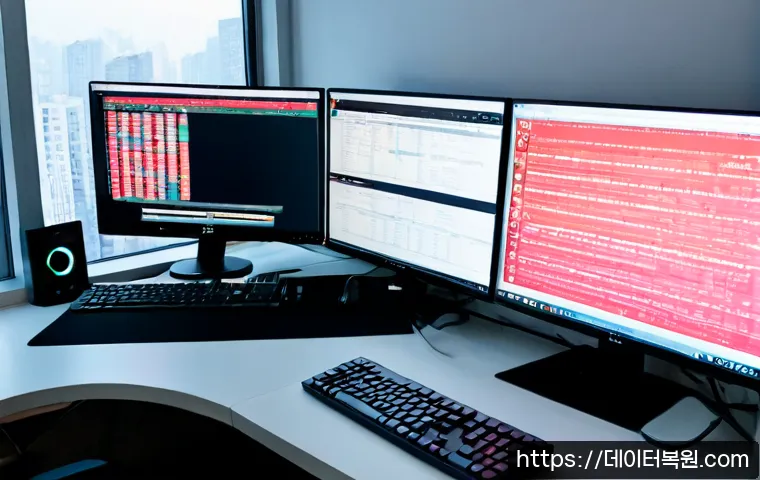 과해동 STATUS_INVALID_LOCK_SEQUENCE - Photorealistic software engineer workstation in a compact Korean apartment office, dual monitors sho...