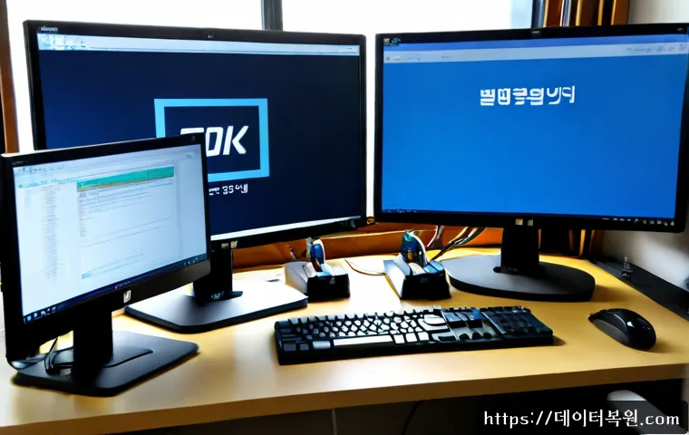신정동 MACHINE_CHECK_EXCEPTION - Photorealistic IT support workstation in a quiet Sinjeong-dong apartment office, dual monitors showi...