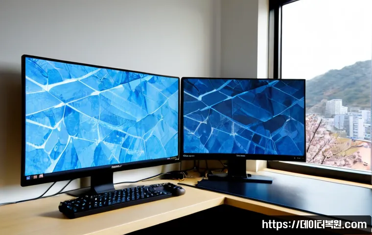 신교동 KMODE_EXCEPTION_NOT_HANDLED - Photorealistic remote IT support workstation in a quiet Seoul hillside apartment, dual monitors show...
