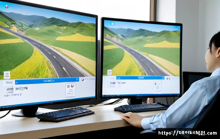 중부면 STATUS_KERNEL_MODULE_NOT_FOUND - Photorealistic IT support workstation in a quiet semi-rural Korean office, dual monitors showing abs...