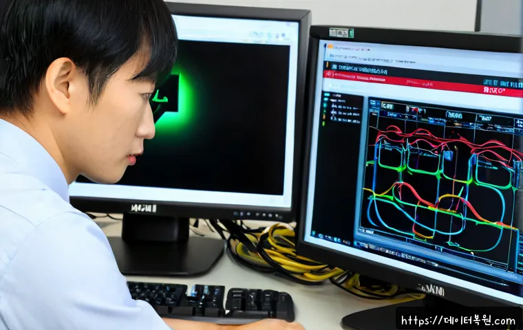 서림동 STATUS_KERNEL_NETWORK_ERROR - Photorealistic IT support workstation in a compact Seorim-dong office, dual monitors showing a blank...
