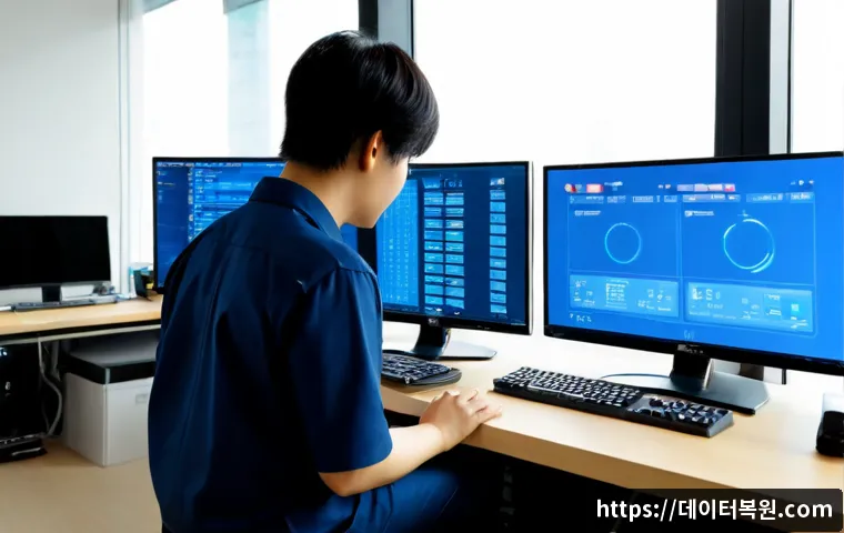 옥수동 NTFS_FILE_SYSTEM - Photorealistic IT support workstation in a modern Oksu-dong apartment office, dual monitors showing ...