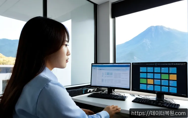 도봉동 UDFS_FILE_SYSTEM - Photorealistic IT support workstation in a compact Dobong-dong office, dual monitors showing abstrac...