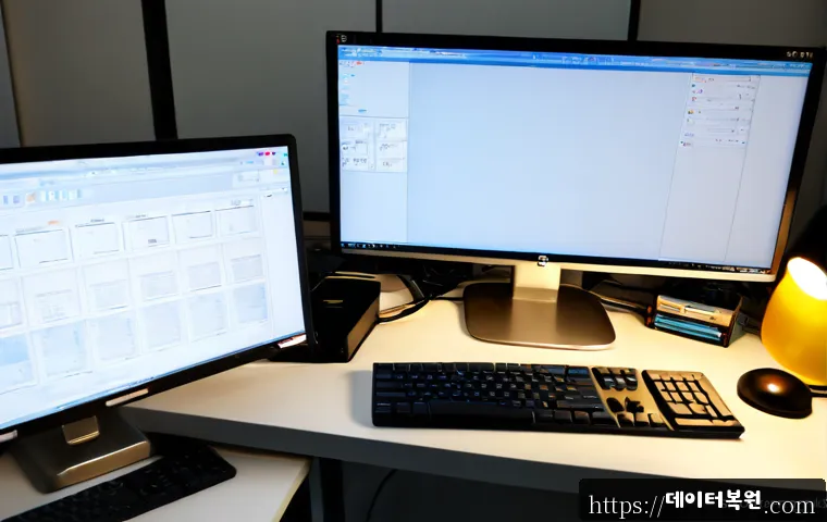남창동 STATUS_FILE_READ_FAILURE - Photorealistic IT support workstation in a compact Namchang-dong office, dual monitors showing a cle...