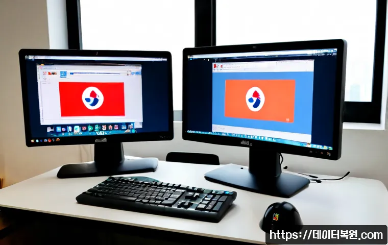 고척동 STATUS_FILE_WRITE_FAILURE - Photorealistic IT support workstation in a compact Seoul apartment office, dual monitors showing a g...