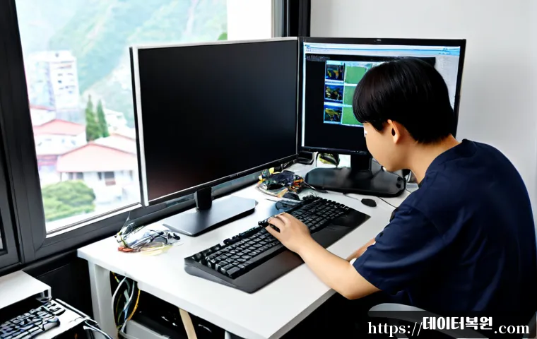 홍은동 RAM조립 및 교체수리 - Photorealistic computer repair workstation in a compact Hong-eun-dong apartment office, technician c...