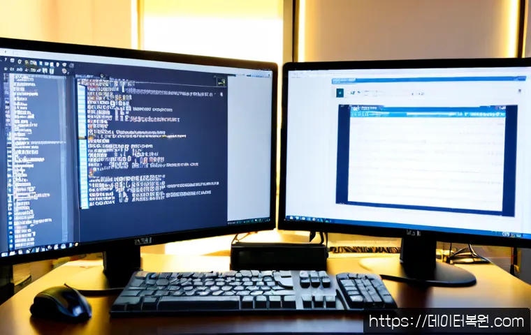 신당5동 STATUS_STACK_OVERFLOW - Photorealistic compact IT support workstation in Sindang 5-dong, dual monitors showing a clean code ...