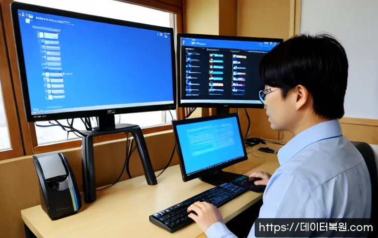 궁정동 DRIVER_IRQL_NOT_LESS_OR_EQUAL - Photorealistic remote-support workstation in a refined Jongno-gu office, IT technician diagnosing a ...