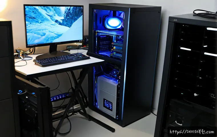 원당동 THREAD_STUCK_IN_DEVICE_DRIVER - Photorealistic PC repair workstation in a compact Wondang-dong design studio, dual monitors showing ...