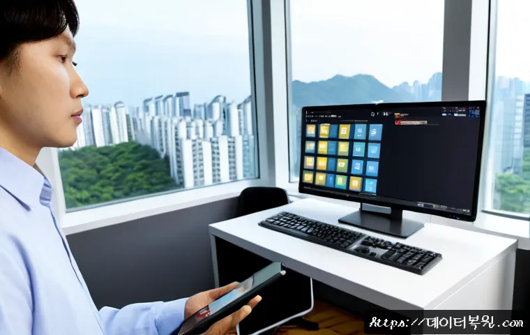 석촌동 CRITICAL_OBJECT_TERMINATION - Photorealistic remote-support workstation in a compact Seokchon-dong office, dual monitors showing a...