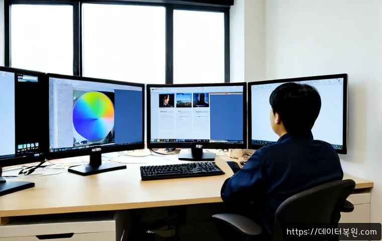 염창동 STATUS_INVALID_IMAGE_FORMAT - Photorealistic IT support workstation in a modern Yeomchang-dong apartment office, dual monitors dis...