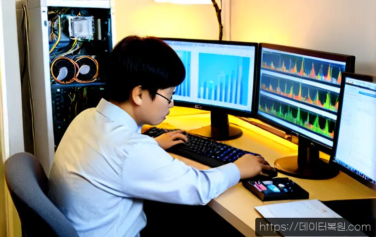 남영동 HARDWARE_INTERRUPT_STORM - Photorealistic IT technician at a compact workstation diagnosing a desktop computer overwhelmed by h...