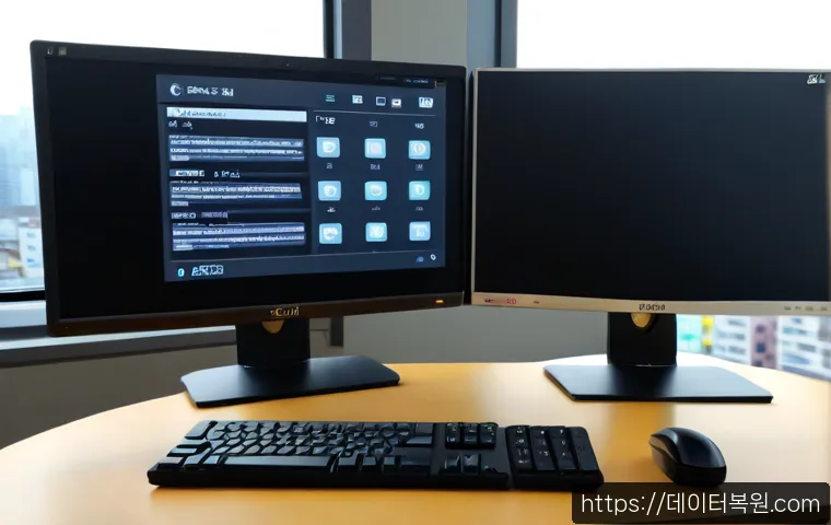 독산동 STATUS_DEVICE_OFFLINE - Photorealistic remote support workstation in a compact Doksan-dong office, dual monitors showing a b...