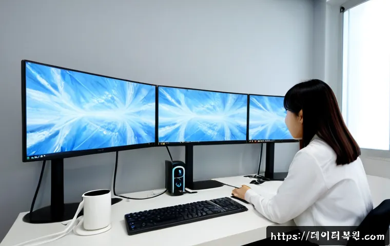 연지동 프로그램응답없음 - Photorealistic IT support workstation in a compact Yeonji-dong office, dual monitors showing a froze...