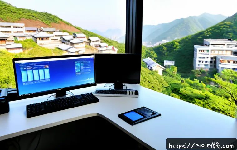 우장산 IRQL_NOT_LESS_OR_EQUAL - Photorealistic IT support workstation in a quiet hillside neighborhood office, dual monitors showing...