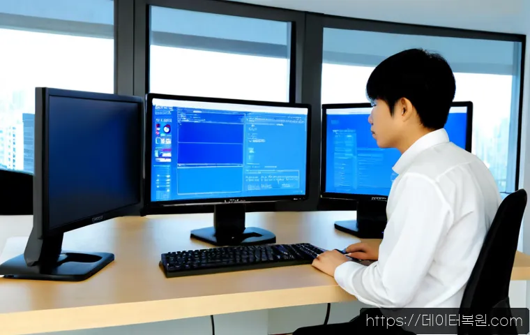 서초동 pc에 문제가 발생하여 다시 시작해야 합니다 - Photorealistic IT support workstation in a modern Seocho-dong design studio, dual monitors with one ...