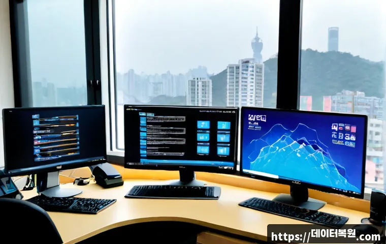 석관동 KERNEL_MODE_HEAP_CORRUPTION - Photorealistic IT support workstation in a compact Seokgwan-dong apartment office, dual monitors sho...