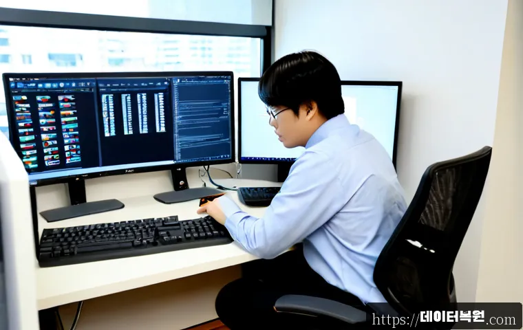 북창동 STATUS_DEVICE_OFFLINE - Photorealistic IT support workstation in a compact downtown office, dual monitors showing a clean un...
