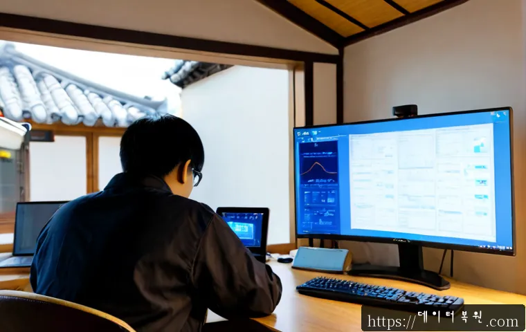 누하동 STATUS_KERNEL_REGISTRY_ERROR - Photorealistic remote-support workstation in a compact Nuha-dong home office, dual monitors showing ...