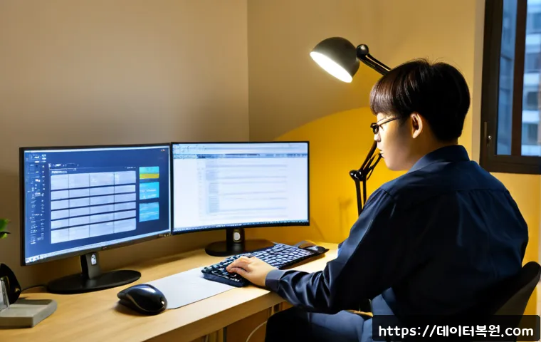 성산동 PROCESS_HAS_LOCKED_PAGES - Photorealistic remote-support workstation in a compact Seongsan-dong apartment office, dual monitors...
