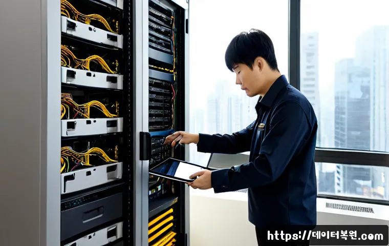 능동 server출장방문수리점 - Photorealistic enterprise server repair visit inside a compact high-rise office in Neungdong, techni...