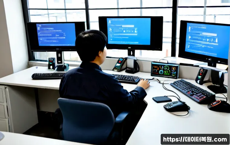 독산동 STATUS_KERNEL_ACCESS_DENIED - Photorealistic IT support workstation in a compact Korean industrial-office setting, dual monitors s...