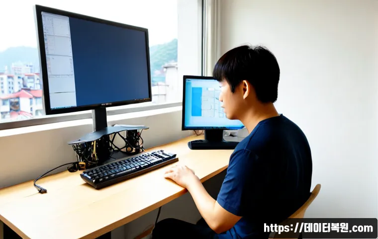 용답동 중고컴퓨터 pc 출장판매설치 - Photorealistic compact home-office workstation installation in Yongdap-dong, Seoul, a technician con...