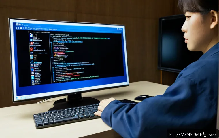 부암동 UNMOUNTABLE_BOOT_VOLUME - Photorealistic IT support workstation in a quiet hillside Seoul apartment, desktop monitor frozen on...