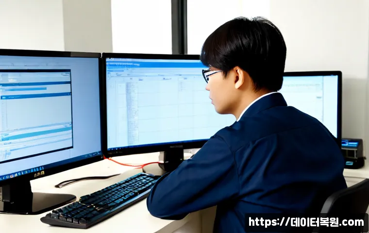 소하동 INVALID_KERNEL_HANDLE - Photorealistic IT support workstation in a modern Korean apartment-office near a quiet suburban indu...