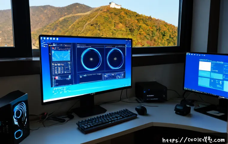 흑석동 STATUS_KERNEL_DRIVER_CORRUPTION - Photorealistic IT support workstation in a compact Heukseok-dong apartment office, dual monitors sho...