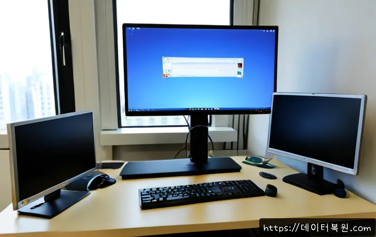 관철동 STATUS_INVALID_IMAGE_FORMAT - Photorealistic IT support workstation in a compact Jongno office, dual monitors showing a clean gene...