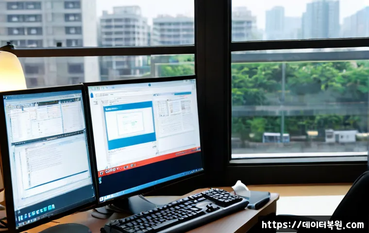 무학동 STATUS_MEMORY_ACCESS_DENIED - Photorealistic IT support workstation in a compact Mugak-dong office, dual monitors showing a clean ...