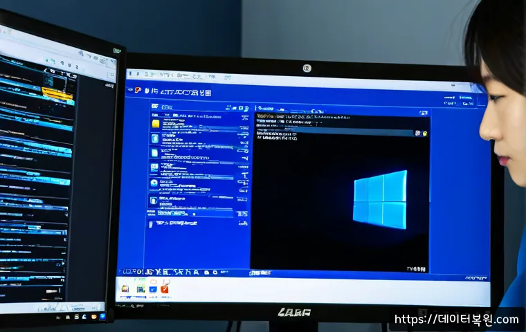 남영동 블루스크린 - Photorealistic remote-support technician diagnosing a desktop computer with a featureless cobalt-blu...