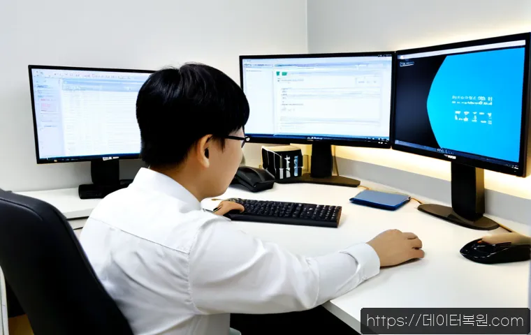합동 POOL_CORRUPTION_IN_FILE_AREA - Photorealistic IT support workstation in a shared office, dual monitors displaying an abstract file ...
