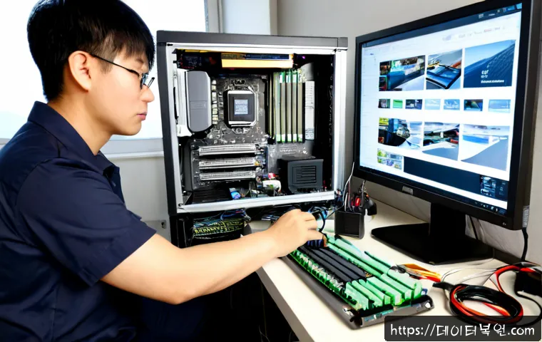 진관동 그래픽카드조립 및 교체수리 - Photorealistic PC repair workstation in Jingwan-dong, technician carefully installing a modern graph...