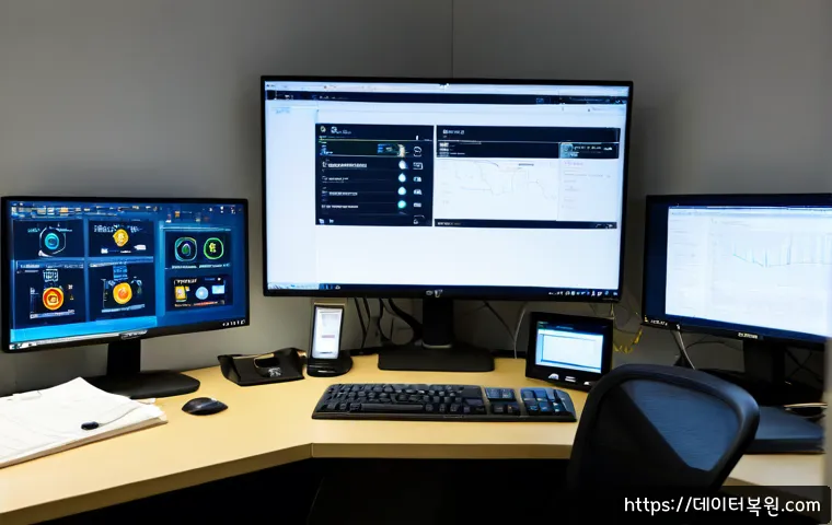 관철동 STATUS_MEMORY_ACCESS_DENIED - Photorealistic IT support workstation in a compact Jongno office, dual monitors showing abstract per...